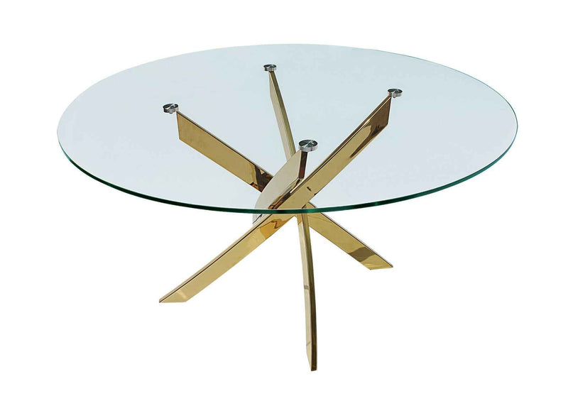 54" Clear and Gold Glass and Metal Cross Leg Base Round Top Dining Table