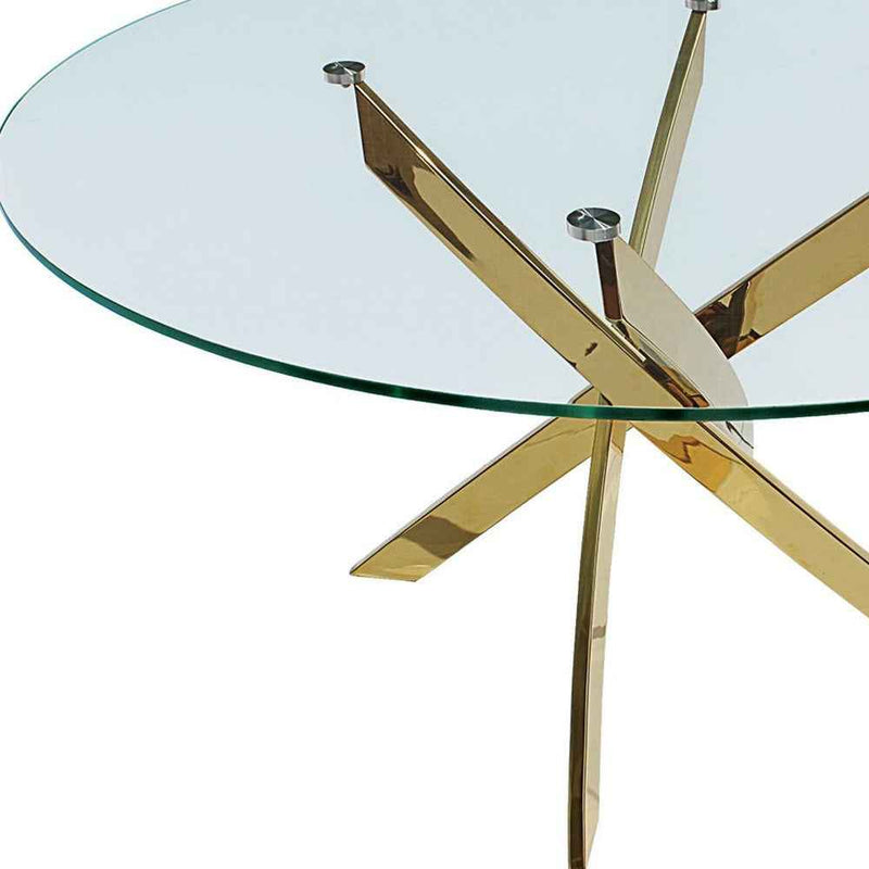 54" Clear and Gold Glass and Metal Cross Leg Base Round Top Dining Table