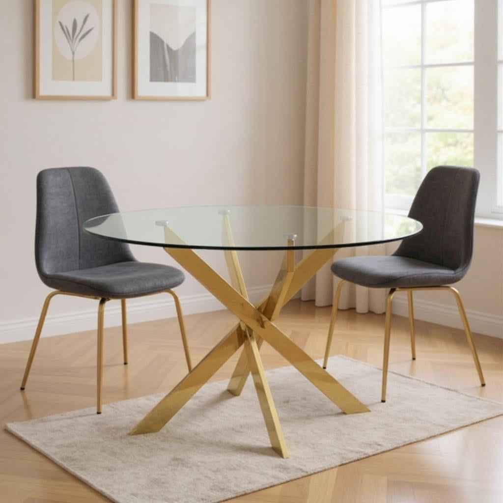 54" Clear and Gold Glass and Metal Cross Leg Base Round Top Dining Table