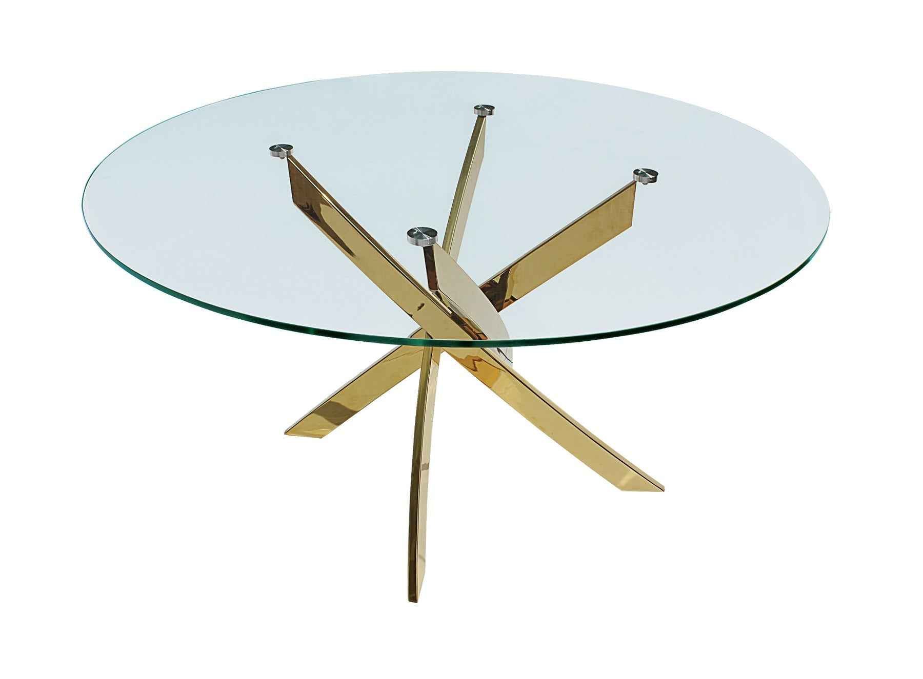 54" Clear and Gold Glass and Metal Cross Leg Base Round Top Dining Table