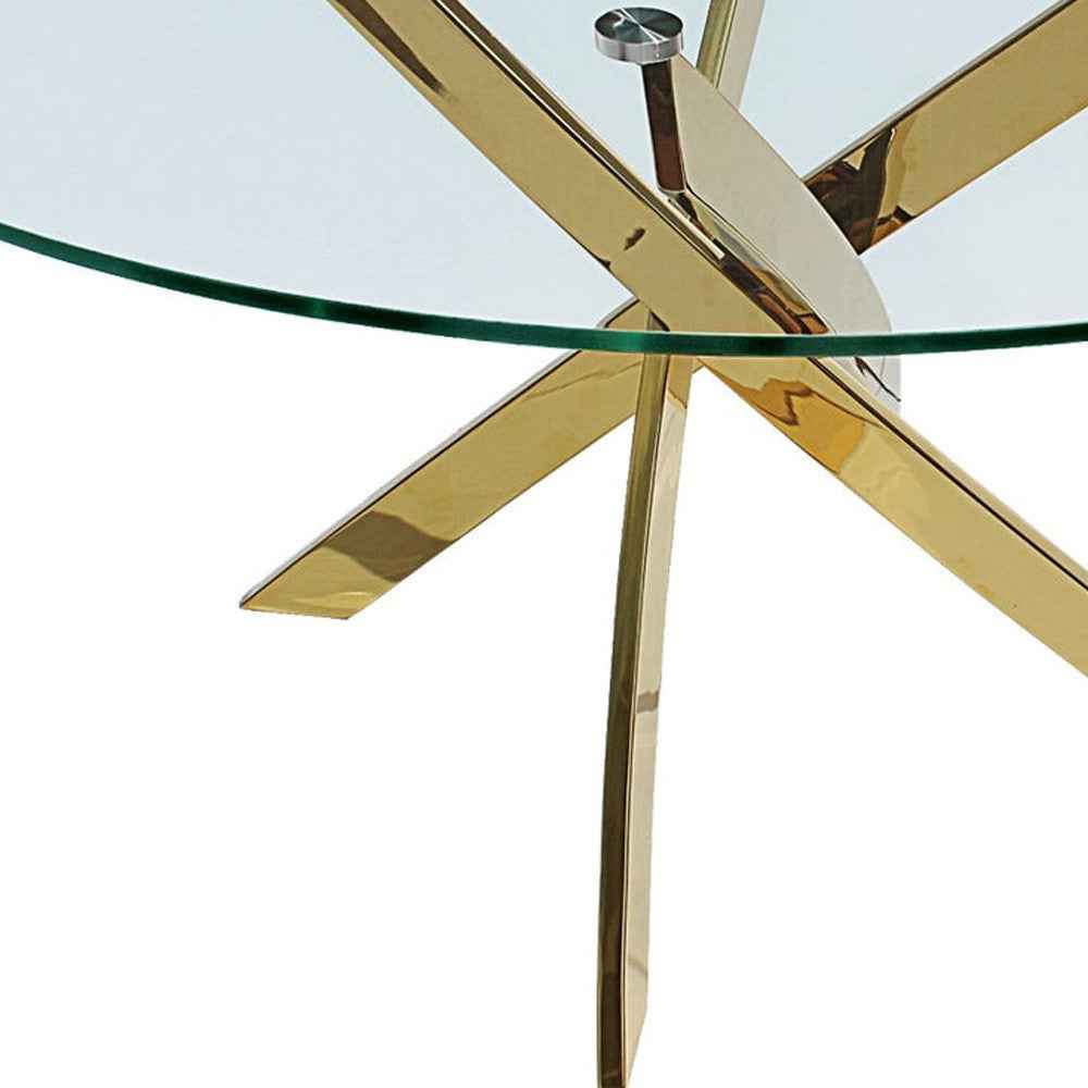 54" Clear and Gold Glass and Metal Cross Leg Base Round Top Dining Table