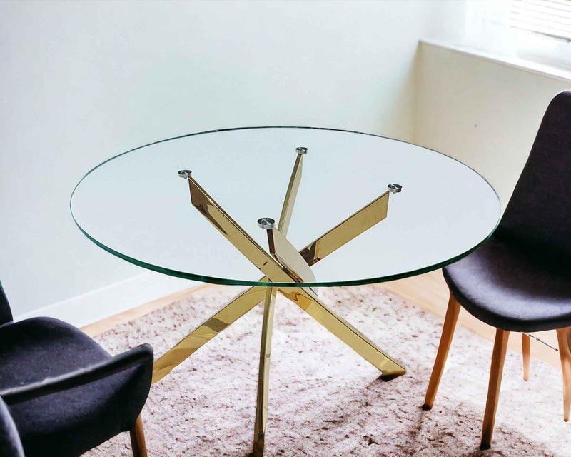 54" Clear and Gold Glass and Metal Cross Leg Base Round Top Dining Table