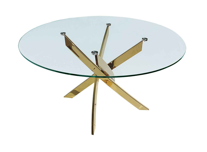 54" Clear and Gold Glass and Metal Cross Leg Base Round Top Dining Table