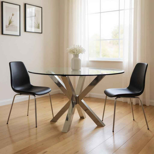 54" Clear and Silver Glass and Metal Cross Leg Base Round Top Dining Table