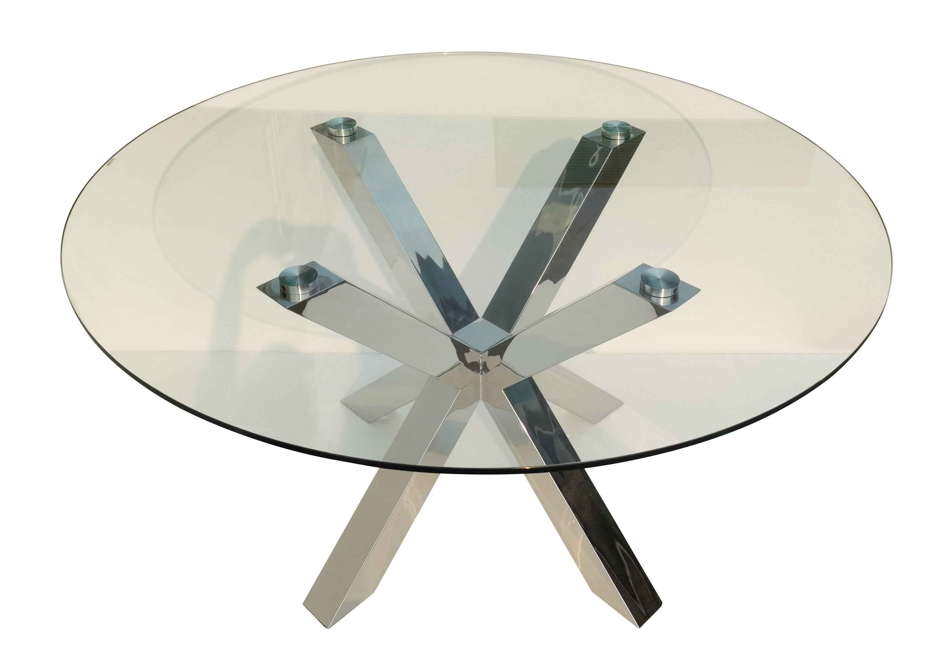 54" Clear and Silver Glass and Metal Cross Leg Base Round Top Dining Table