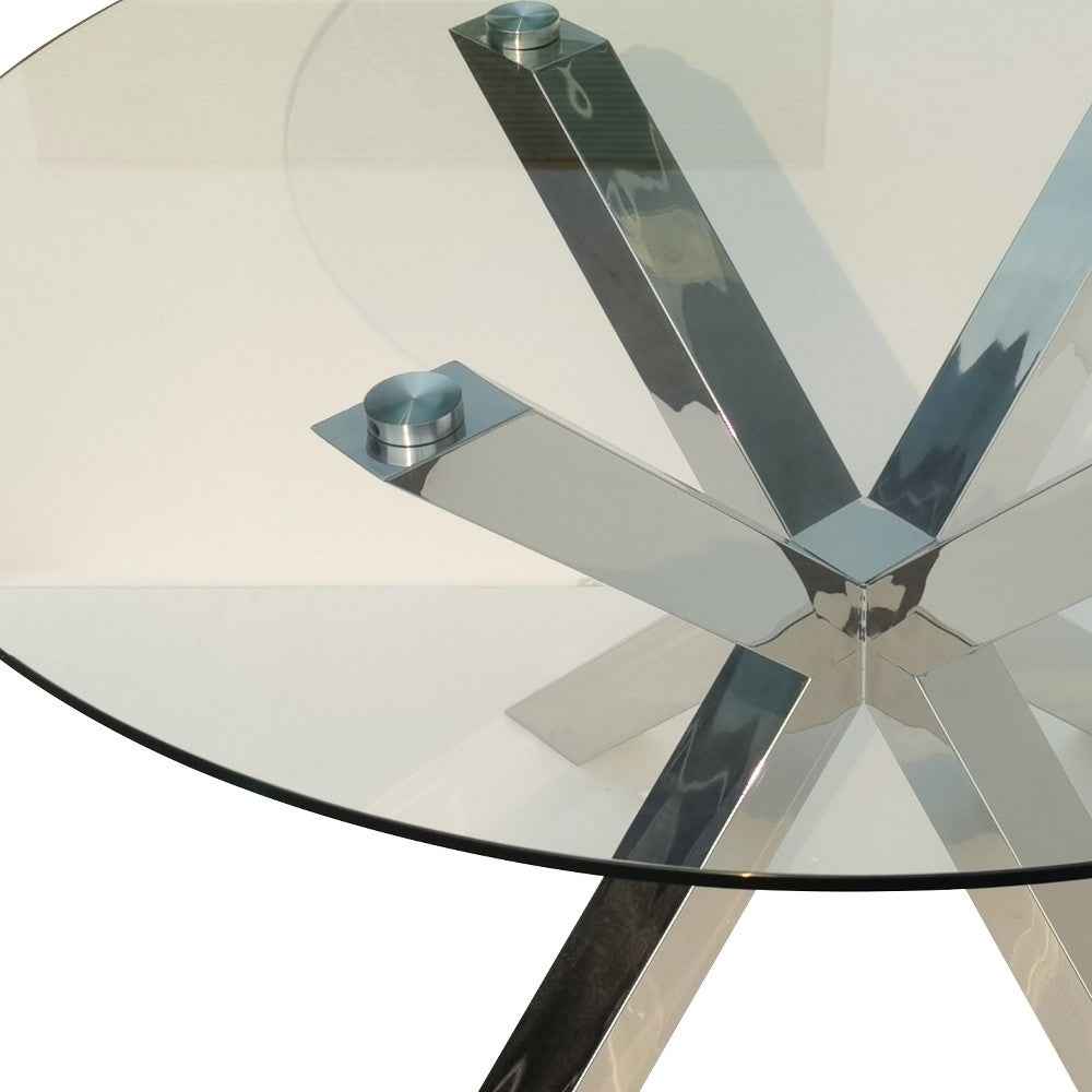 54" Clear and Silver Glass and Metal Cross Leg Base Round Top Dining Table