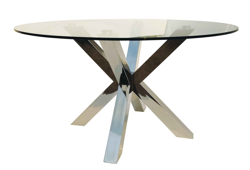 54" Clear and Silver Glass and Metal Cross Leg Base Round Top Dining Table