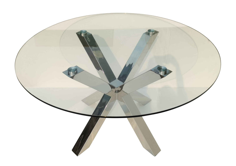 54" Clear and Silver Glass and Metal Cross Leg Base Round Top Dining Table