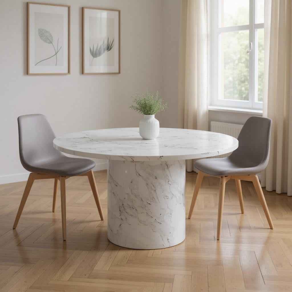60" Gray and White Marble Pedestal Base Round Top Dining Table