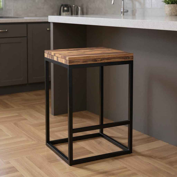 25" Brown and Black Solid Wood and Iron Backless Counter Height Bar Chair