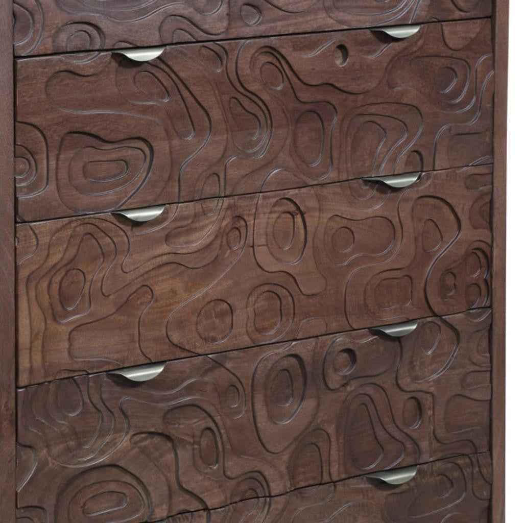 35" Brown Carved Abstract Solid Wood Five Drawer Dresser
