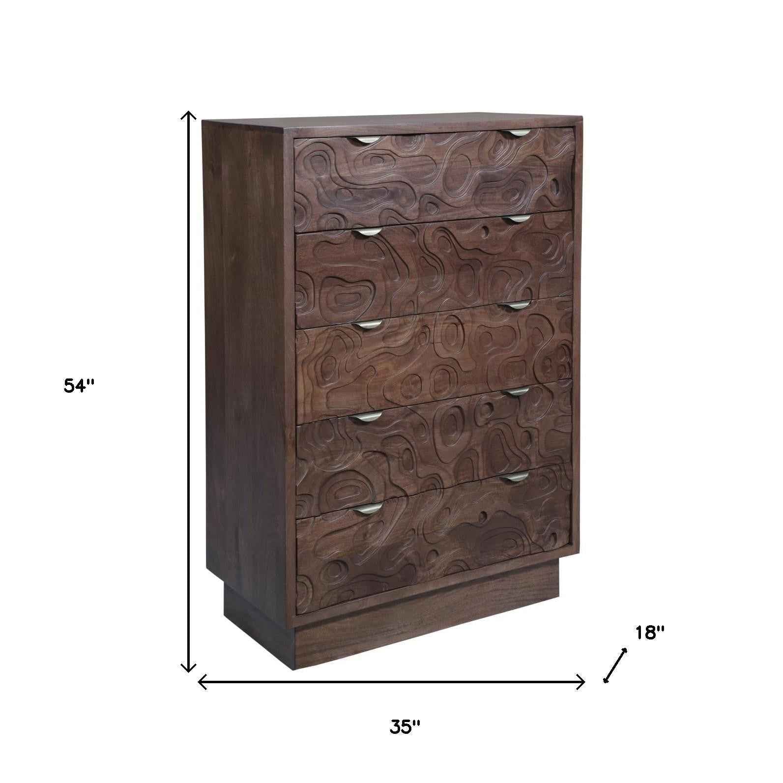 35" Brown Carved Abstract Solid Wood Five Drawer Dresser