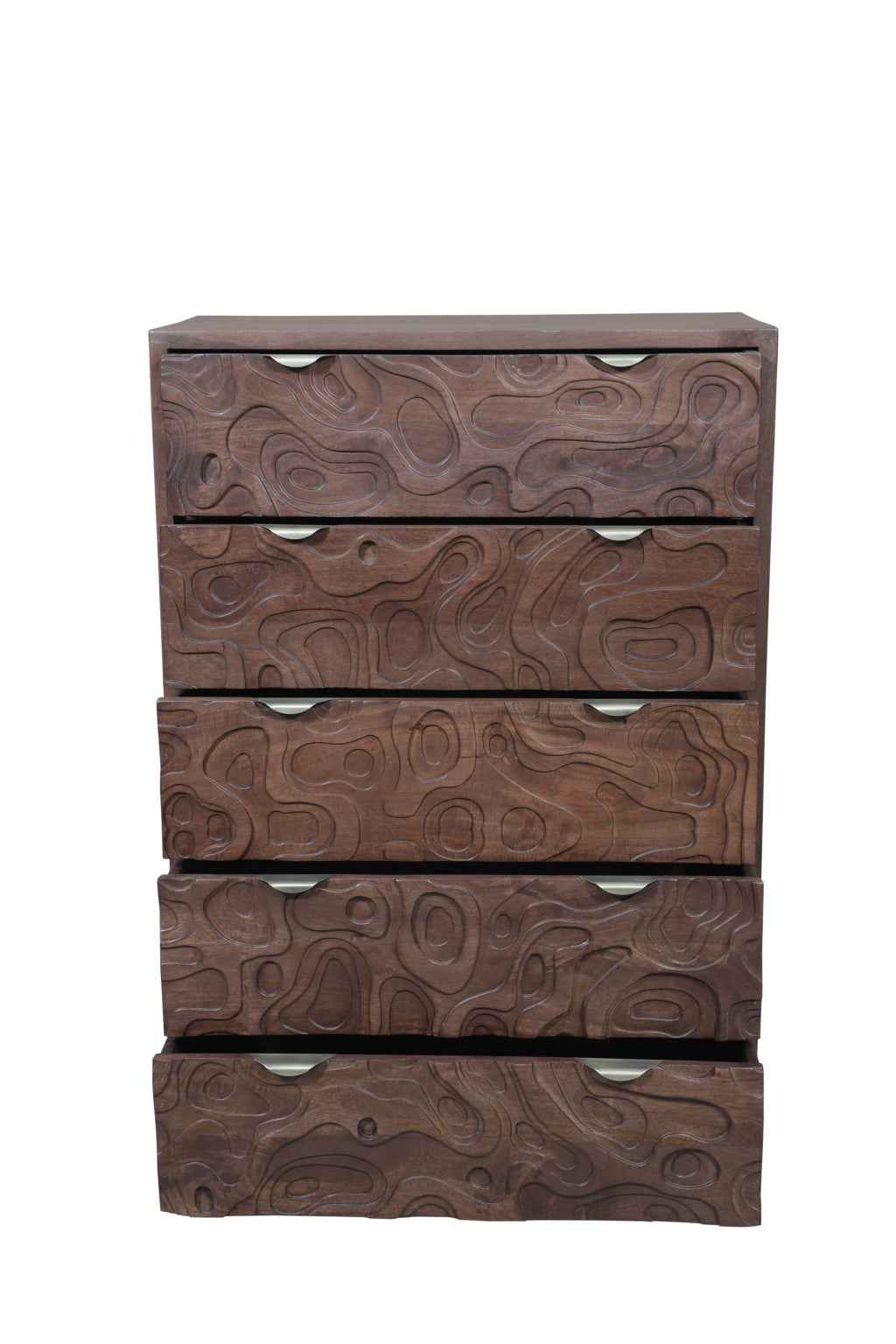 35" Brown Carved Abstract Solid Wood Five Drawer Dresser