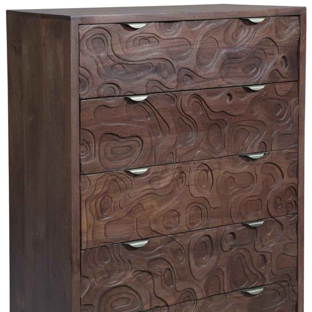 35" Brown Carved Abstract Solid Wood Five Drawer Dresser