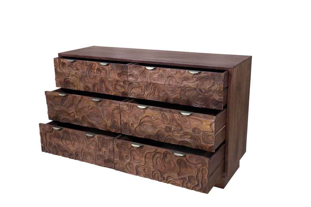 57" Brown Carved Abstract Solid Wood Six Drawer Dresser