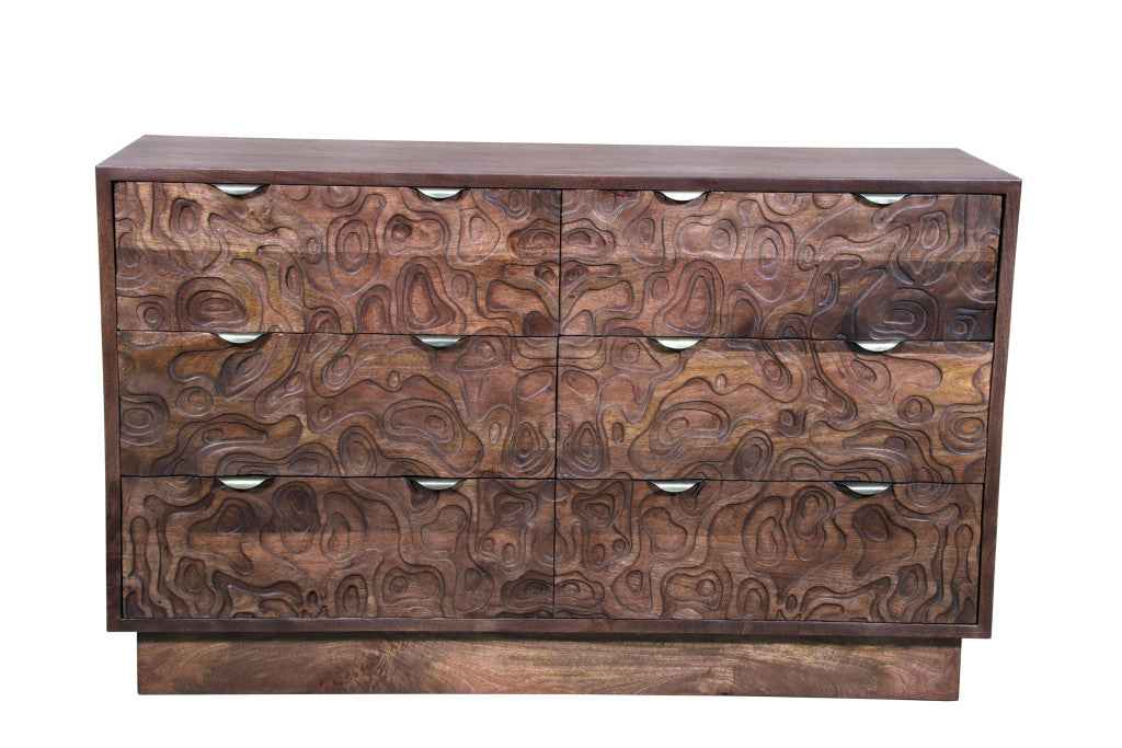 57" Brown Carved Abstract Solid Wood Six Drawer Dresser