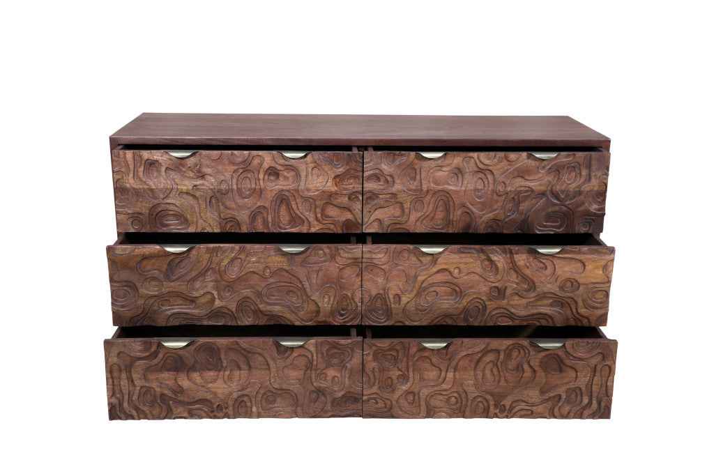 57" Brown Carved Abstract Solid Wood Six Drawer Dresser