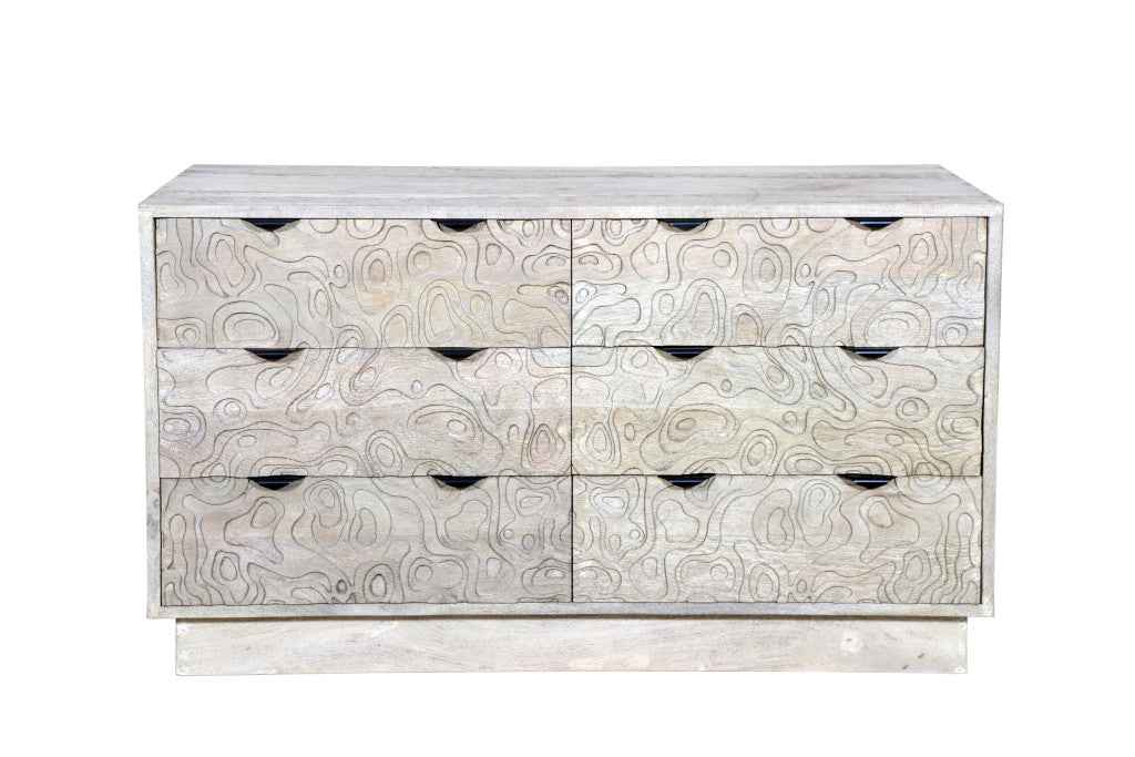 57" Gray Carved Geometric Solid Wood Six Drawer Dresser