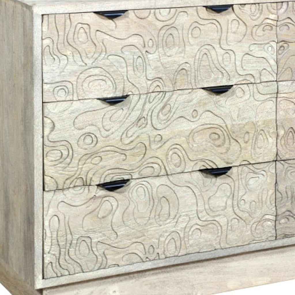 57" Gray Carved Geometric Solid Wood Six Drawer Dresser