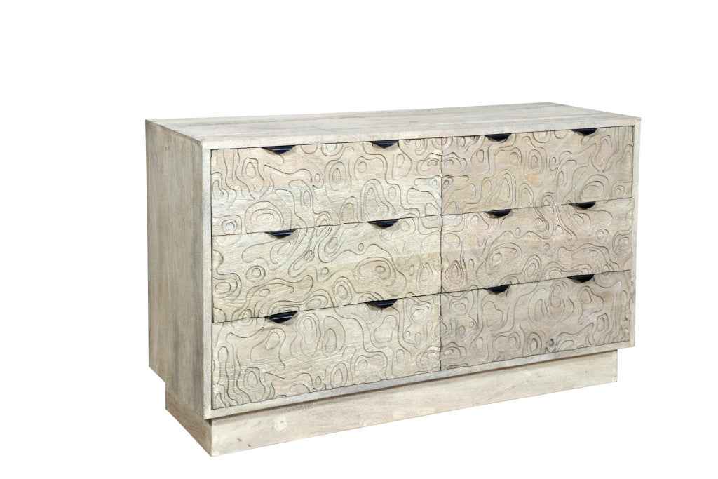 57" Gray Carved Geometric Solid Wood Six Drawer Dresser
