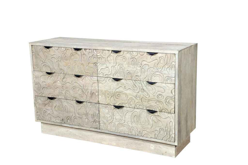 57" Gray Carved Geometric Solid Wood Six Drawer Dresser