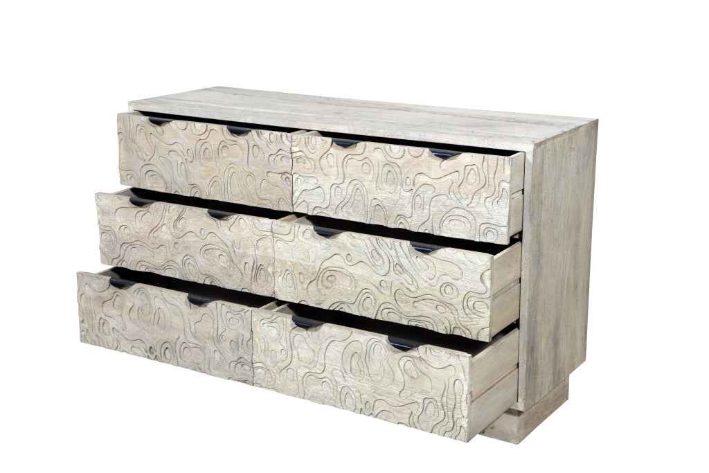 57" Gray Carved Geometric Solid Wood Six Drawer Dresser