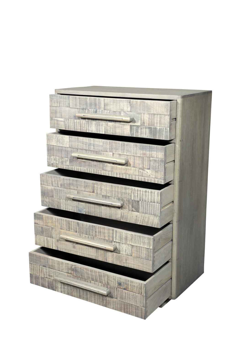 35" Gray Carved Geometric Solid Wood Five Drawer Dresser