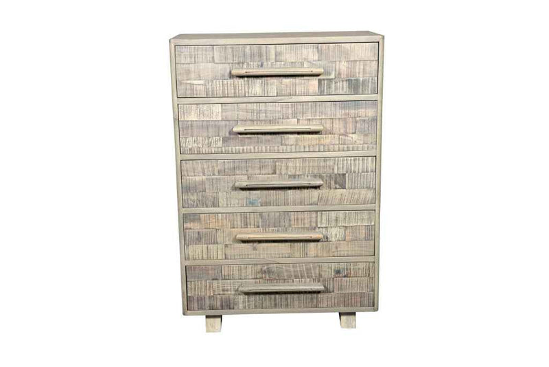 35" Gray Carved Geometric Solid Wood Five Drawer Dresser