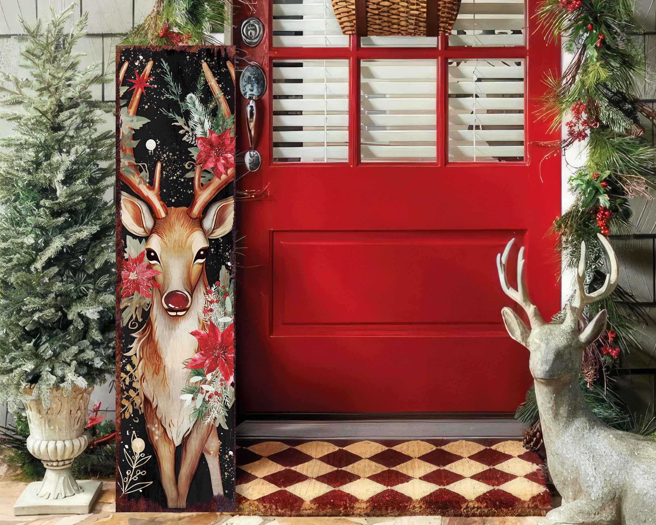 36" Black Red And Green Christmas Reindeer Solid Wood Porch Sign