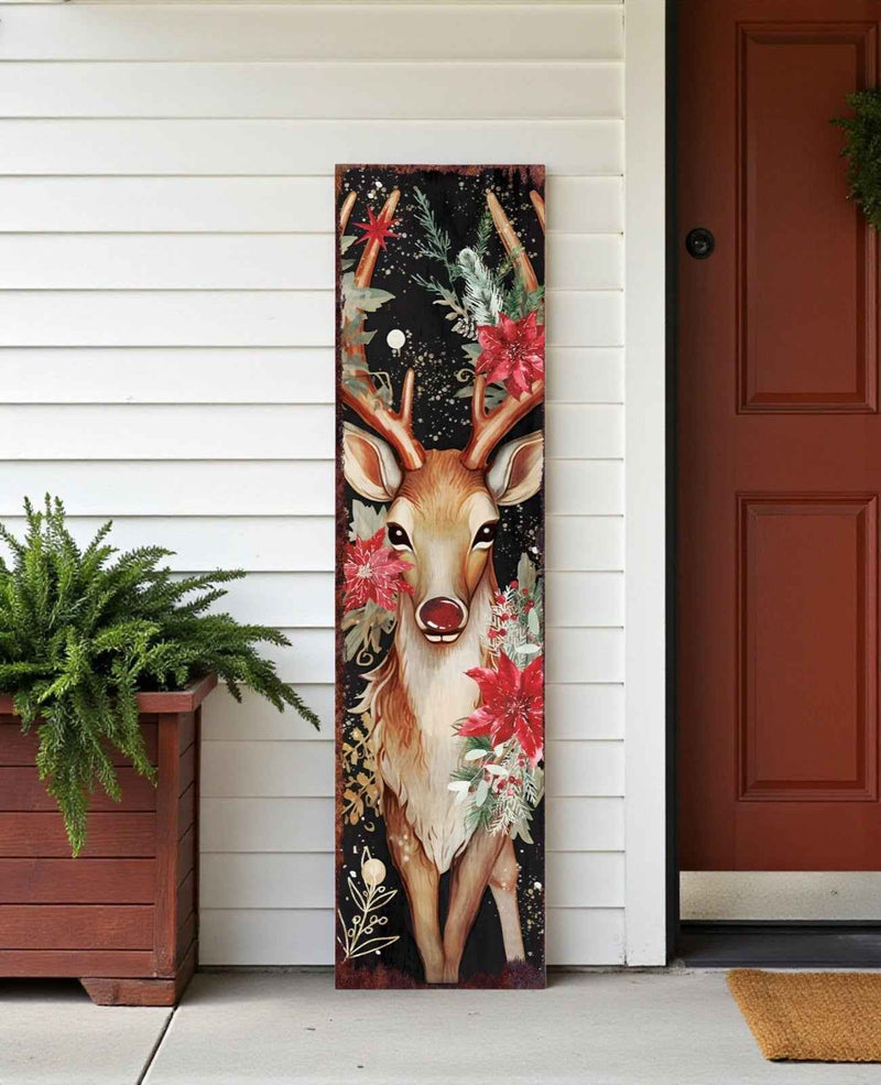 36" Black Red And Green Christmas Reindeer Solid Wood Porch Sign