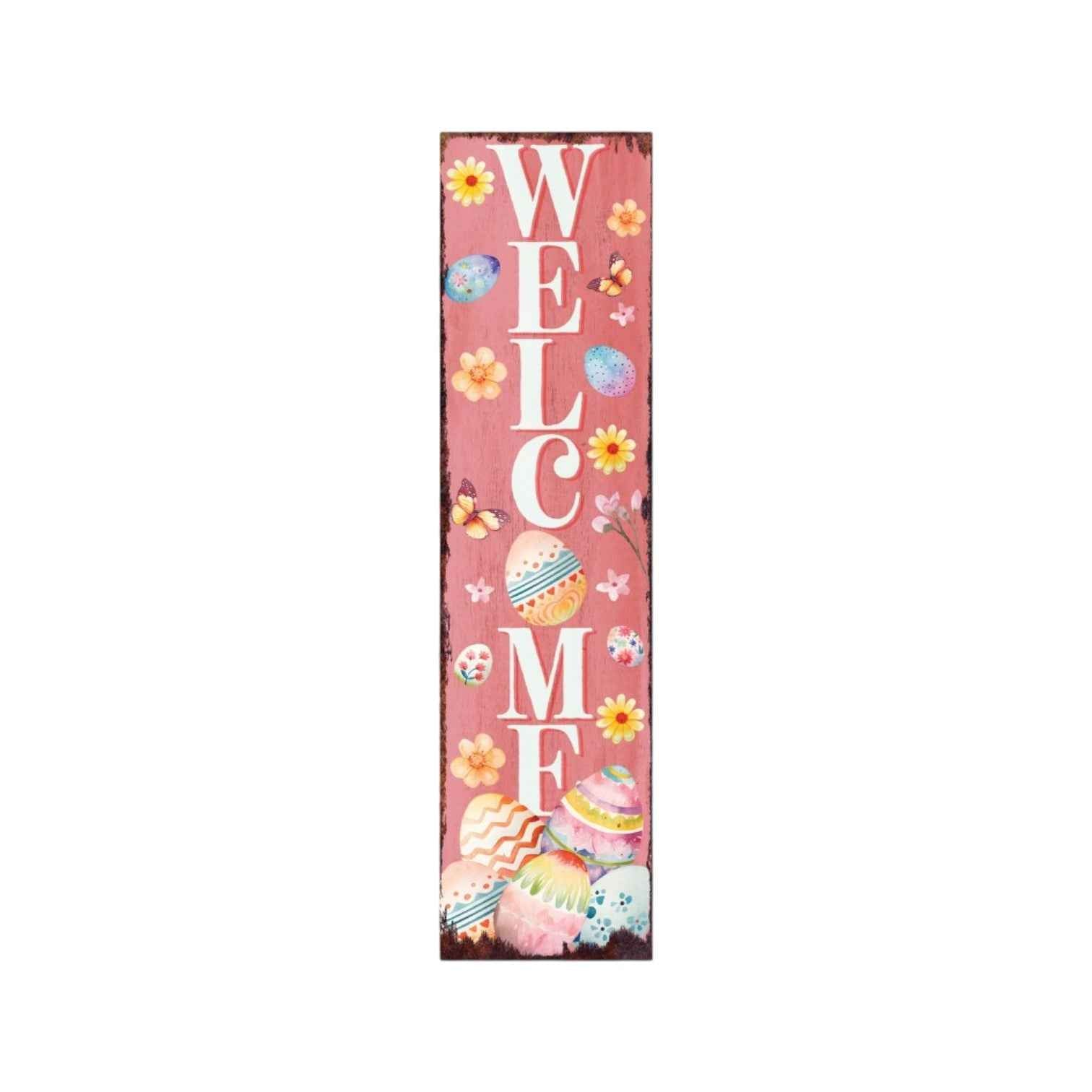36" Pink White And Yellow Solid Wood Welcome Easter Easter Egg Porch Sign
