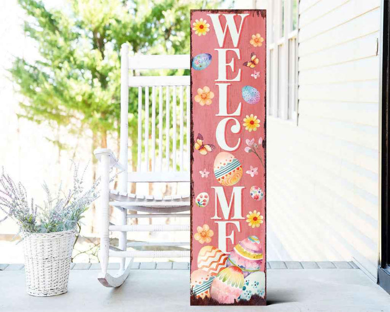 36" Pink White And Yellow Solid Wood Welcome Easter Easter Egg Porch Sign