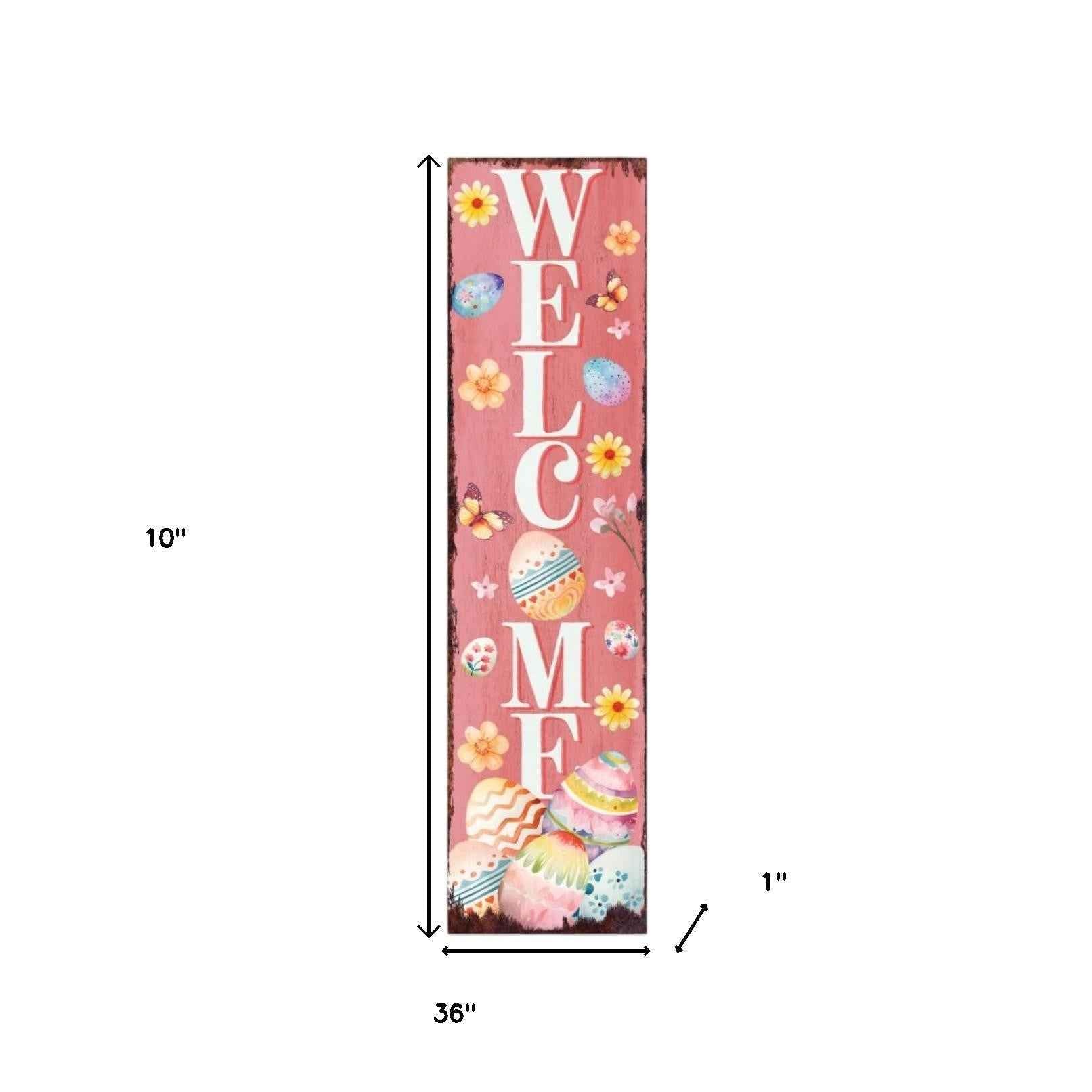 36" Pink White And Yellow Solid Wood Welcome Easter Easter Egg Porch Sign