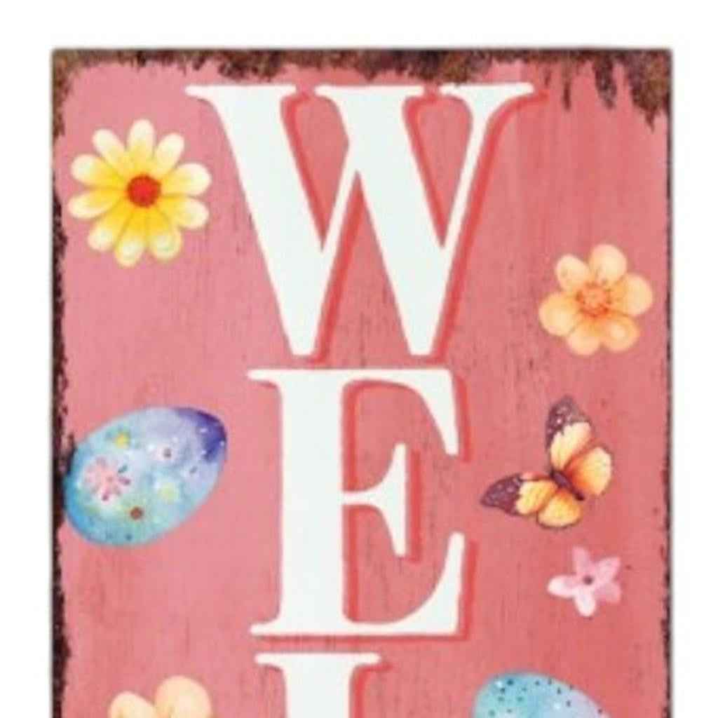 36" Pink White And Yellow Solid Wood Welcome Easter Easter Egg Porch Sign