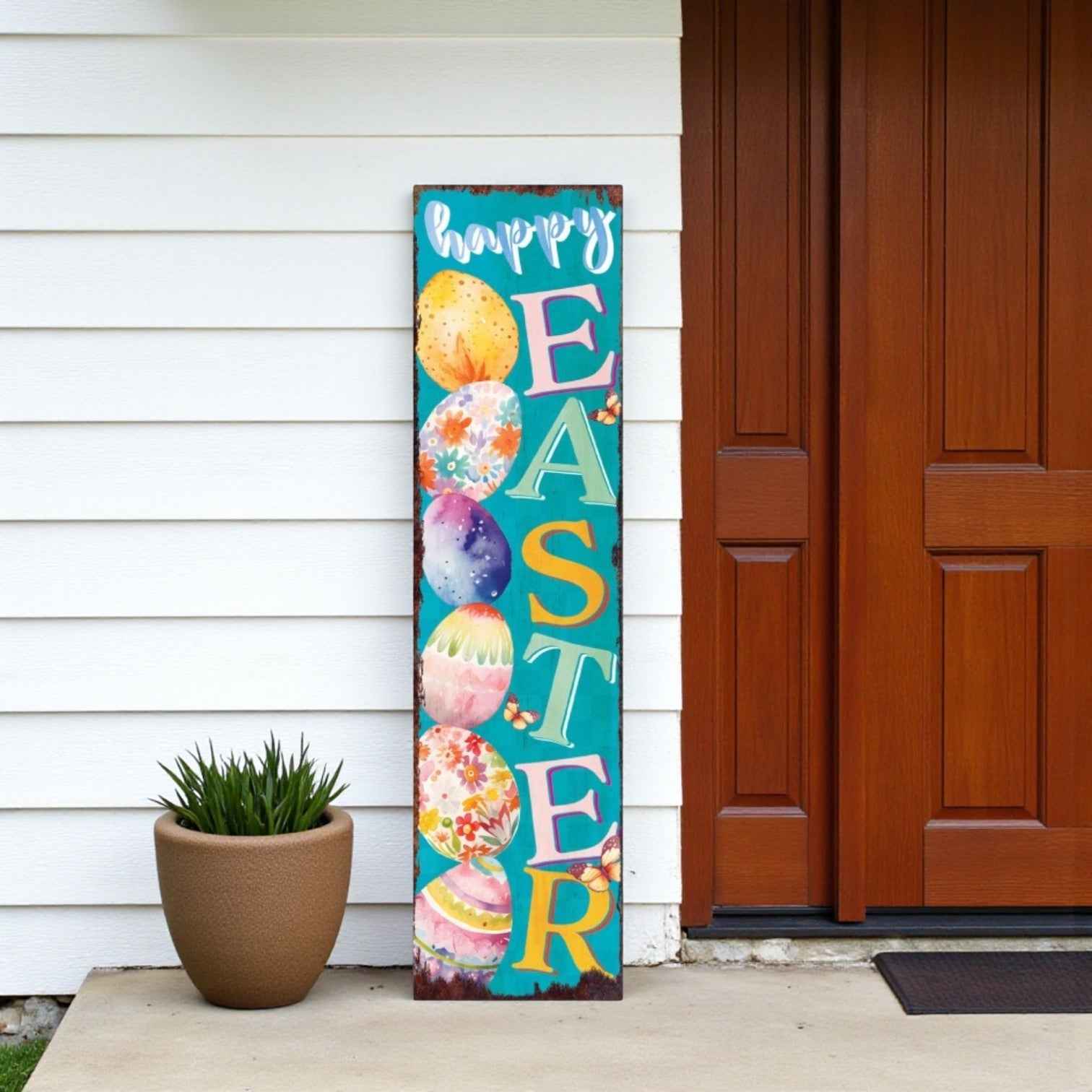 36" Turquoise Pink And Yellow Solid Wood Happy Easter Easter Easter Egg Porch Sign