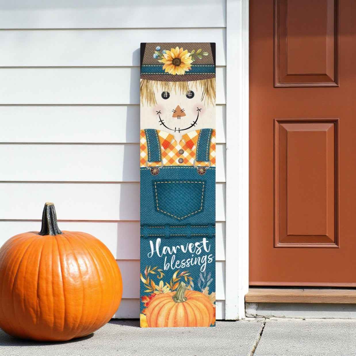 36" Blue And Orange Solid Wood Happy Harvest Scarecrow Porch Sign