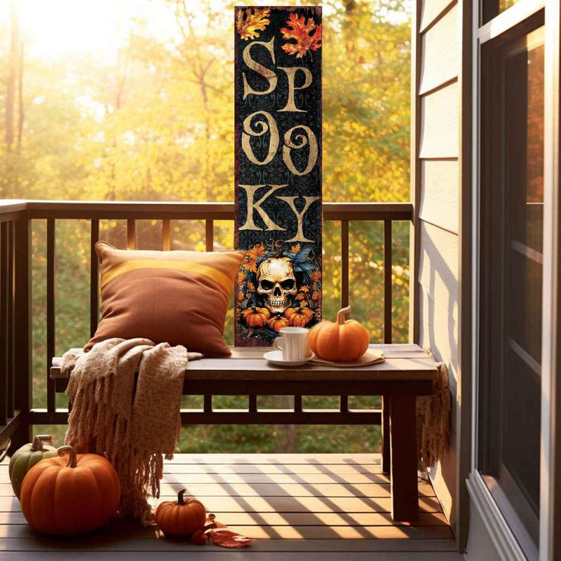 36" Black Gold And Orange Solid Wood Spooky Halloween Skull Porch Sign