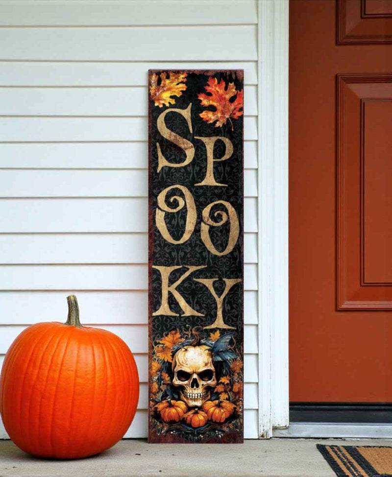 36" Black Gold And Orange Solid Wood Spooky Halloween Skull Porch Sign