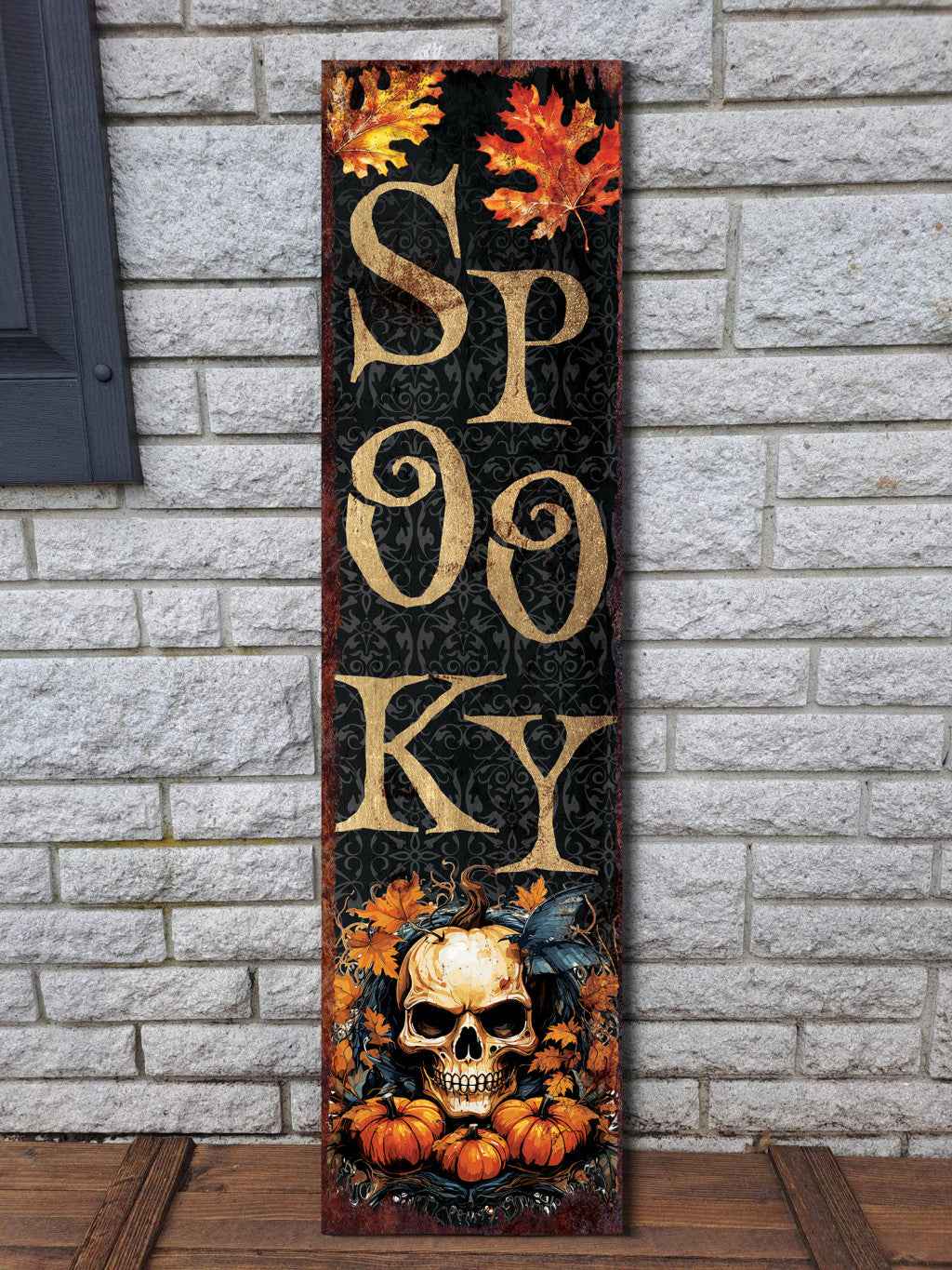 36" Black Gold And Orange Solid Wood Spooky Halloween Skull Porch Sign