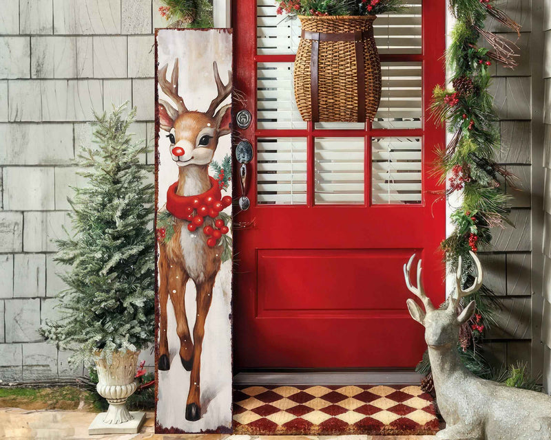 48" White Green And Red Christmas Reindeer Solid Wood Porch Sign