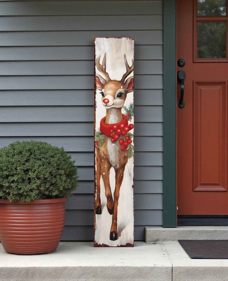 48" White Green And Red Christmas Reindeer Solid Wood Porch Sign
