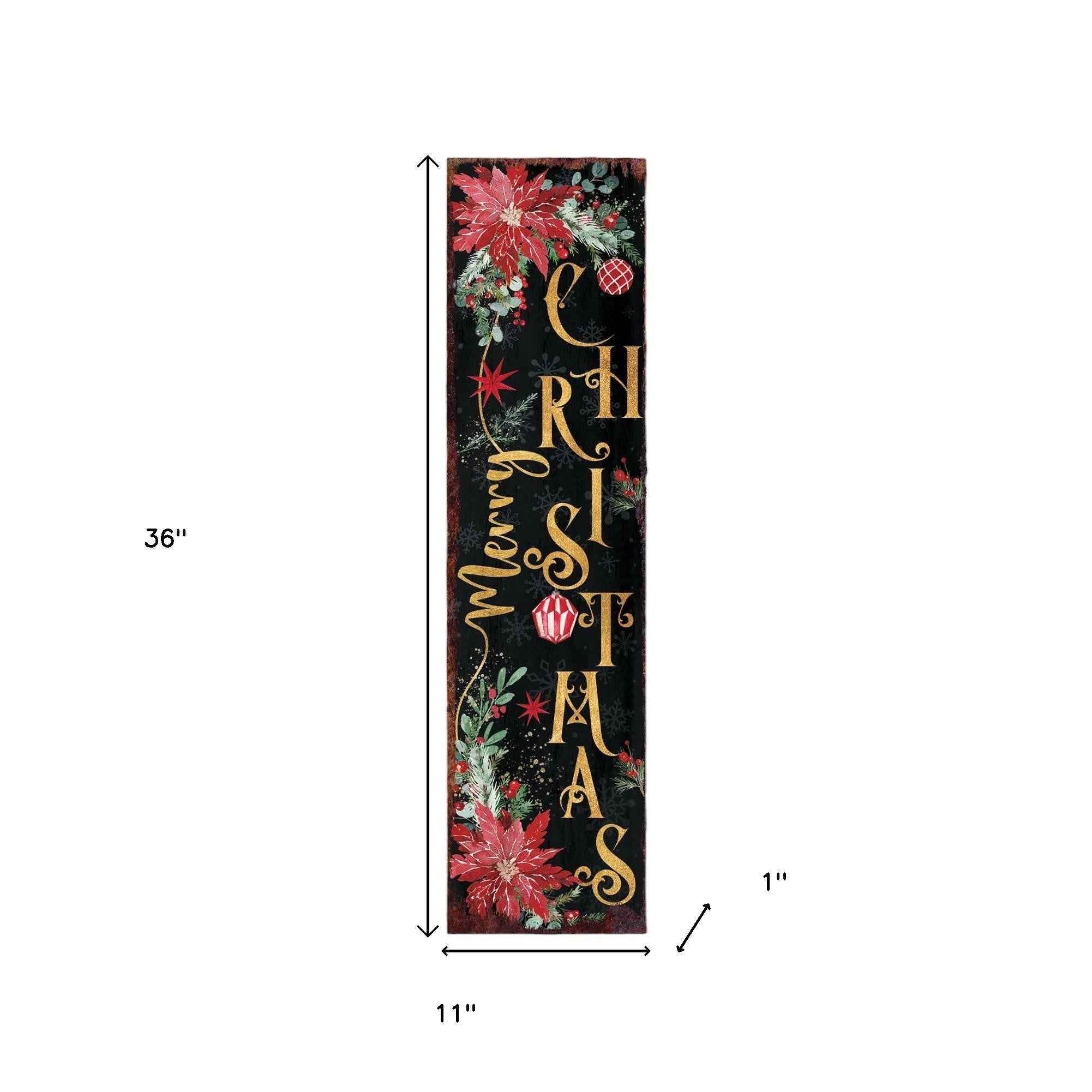 36" Black Gold Green And Red Solid Wood Poinsettia Merry Christmas  Porch Sign