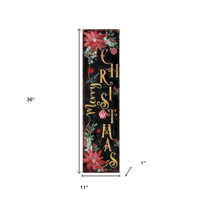 36" Black Gold Green And Red Solid Wood Poinsettia Merry Christmas  Porch Sign