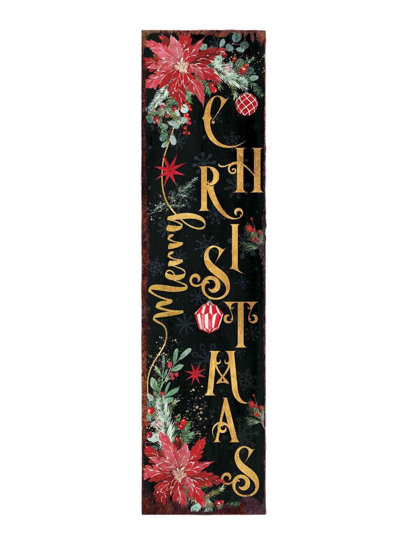 36" Black Gold Green And Red Solid Wood Poinsettia Merry Christmas  Porch Sign