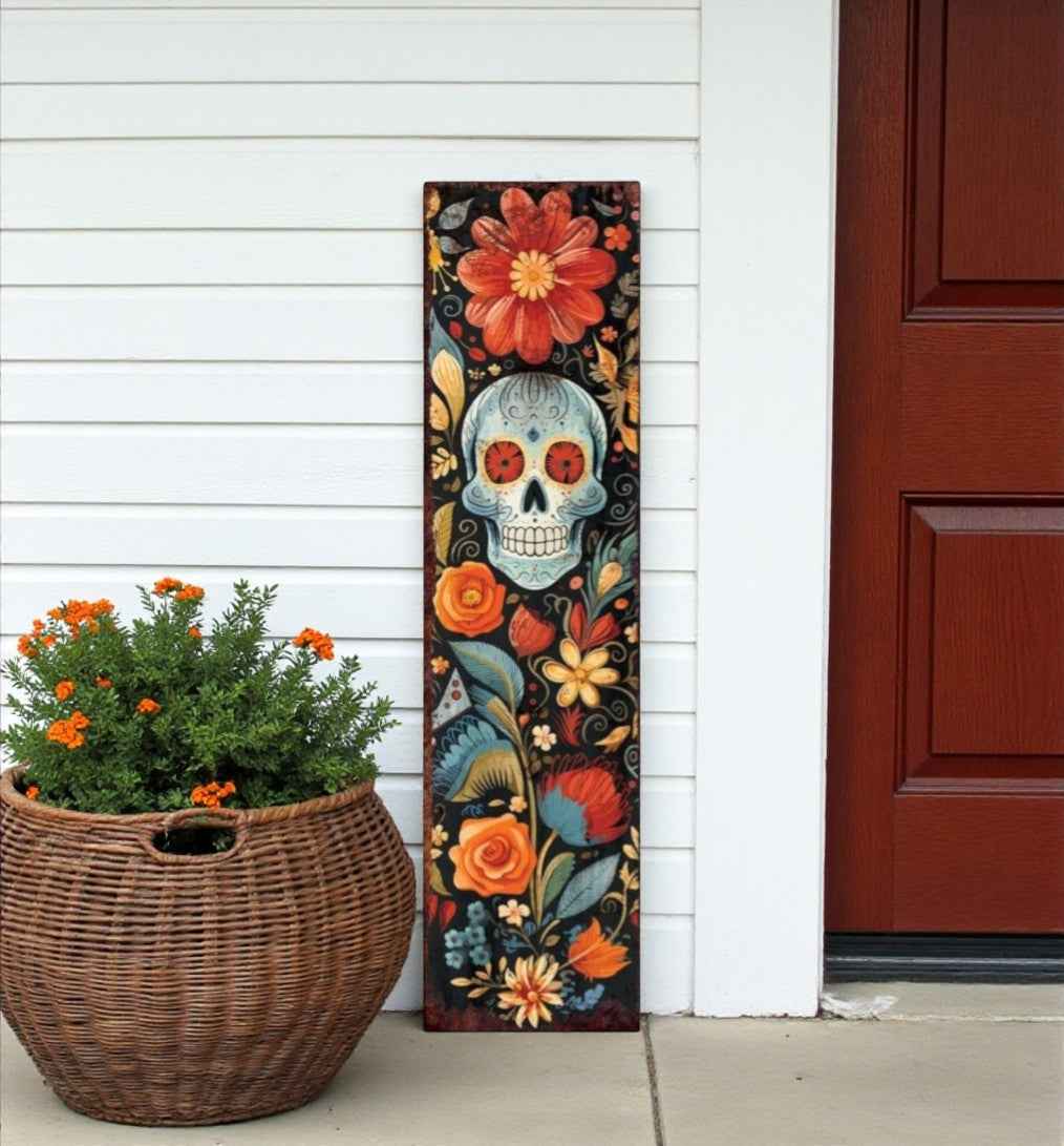 36" Black And Orange Solid Wood Day of the Dead Skull Porch Sign