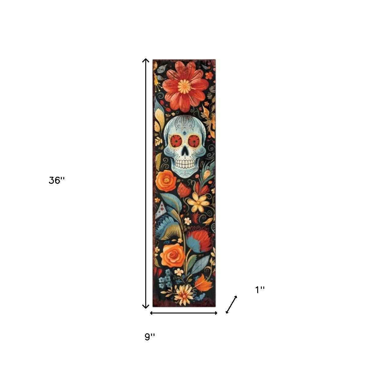 36" Black And Orange Solid Wood Day of the Dead Skull Porch Sign