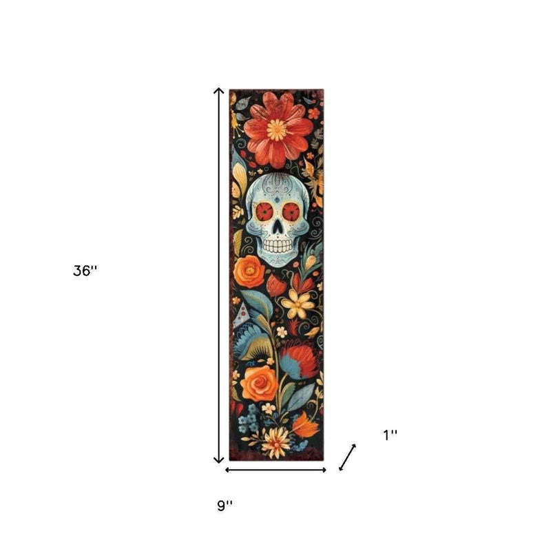 36" Black And Orange Solid Wood Day of the Dead Skull Porch Sign