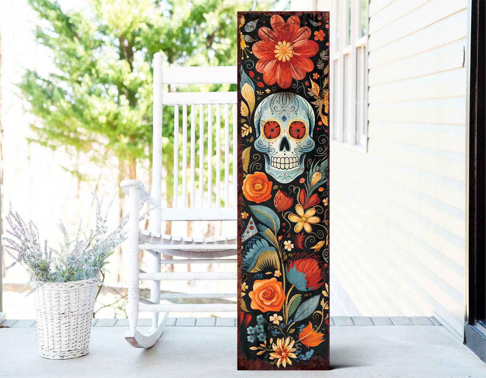 36" Black And Orange Solid Wood Day of the Dead Skull Porch Sign