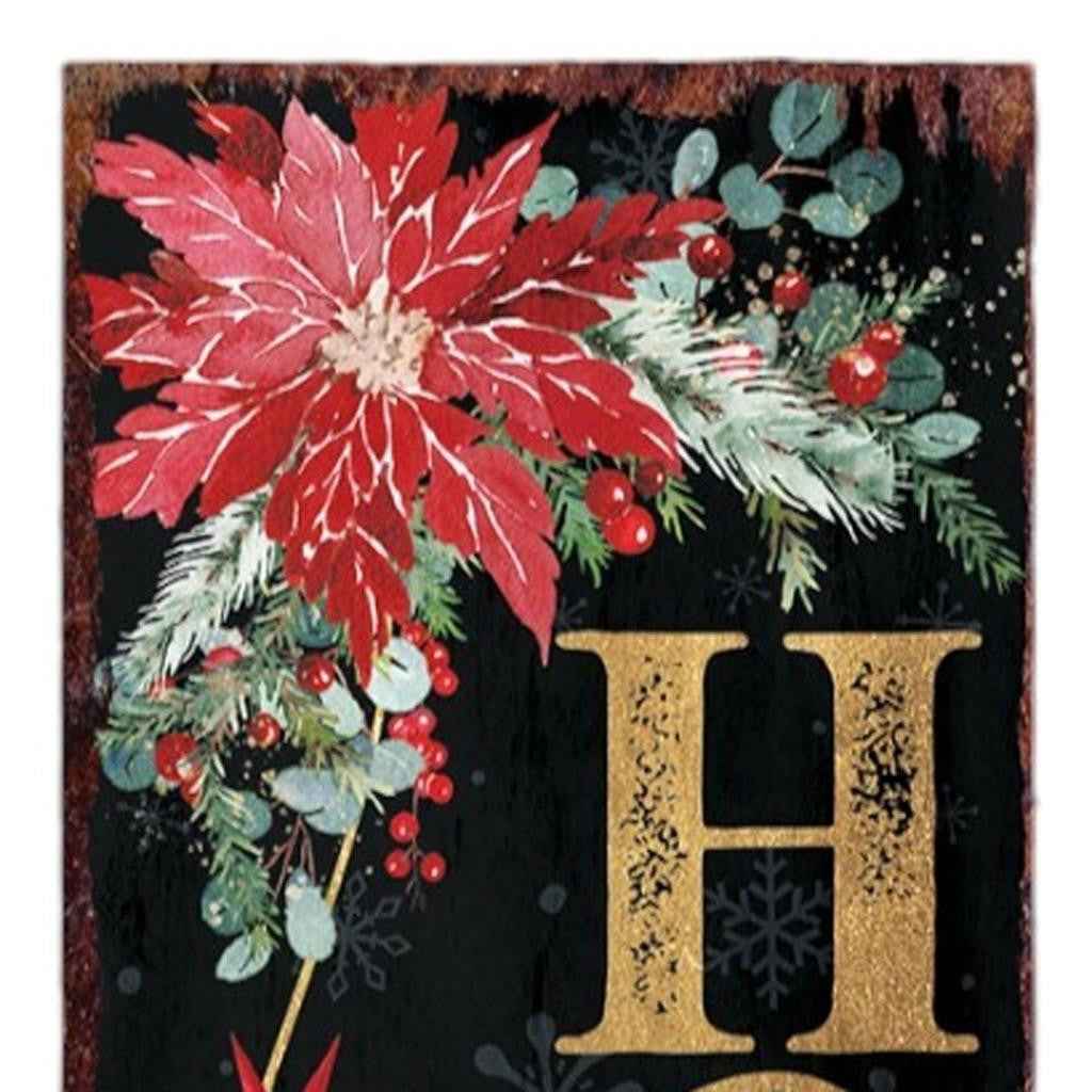 36" Black Gold Green And Red Solid Wood Happy Holidays Christmas Poinsettia Porch Sign
