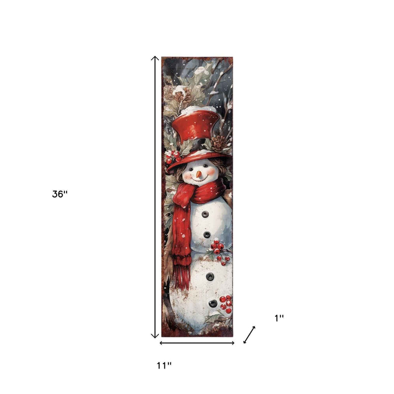 36" Blue White And Red Christmas Snowman Solid Wood Porch Sign